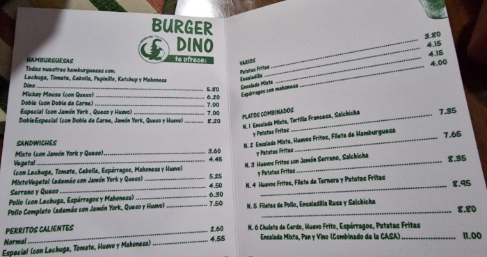 Carta del Burger Dino Cáceres